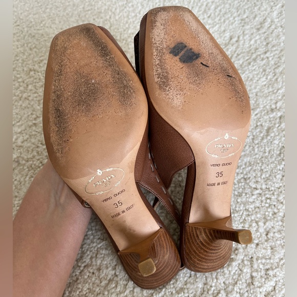 Vintage Prada 90s Logo Raffia Buckle Leather Slingback Sandals Heels Brown 35 5 - Picture 10 of 11